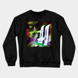 Stunning image of a waterfall and colorful garden next to a temple. Crewneck Sweatshirt